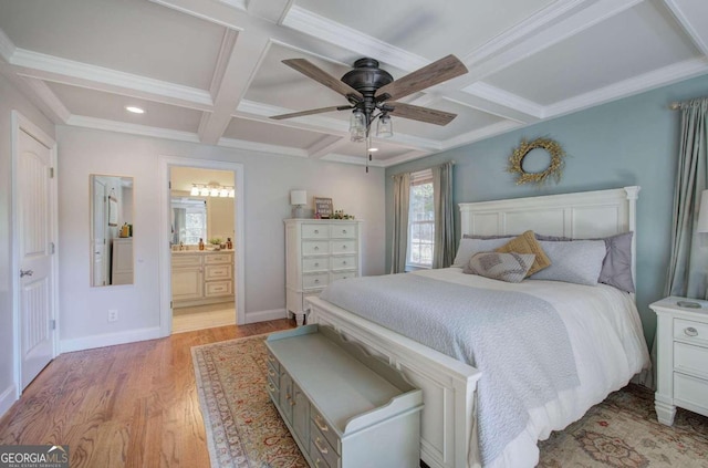 bedroom featuring coffered ceiling, baseboards, light wood-style floors, beamed ceiling, and ensuite bath