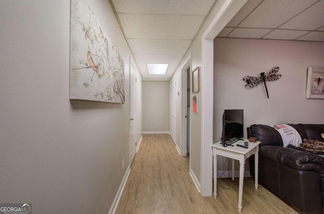 corridor with light wood finished floors, a drop ceiling, and baseboards