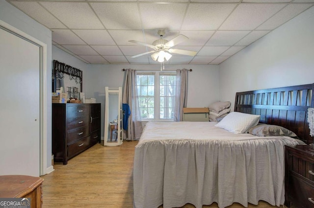 bedroom featuring a drop ceiling, ceiling fan, and light wood-style flooring