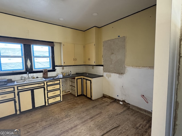 kitchen featuring backsplash, cream cabinets, sink, and light hardwood / wood-style floors