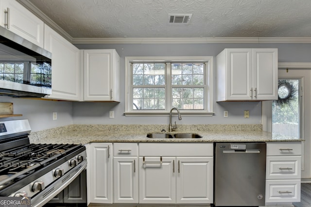 kitchen with sink, appliances with stainless steel finishes, crown molding, and white cabinetry