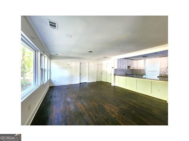 unfurnished living room featuring sink and dark wood-type flooring