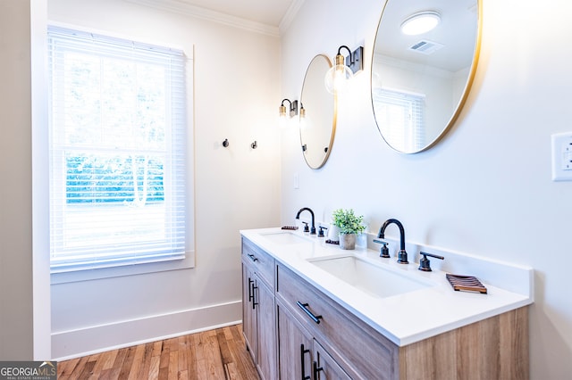 bathroom featuring vanity, hardwood / wood-style flooring, and crown molding