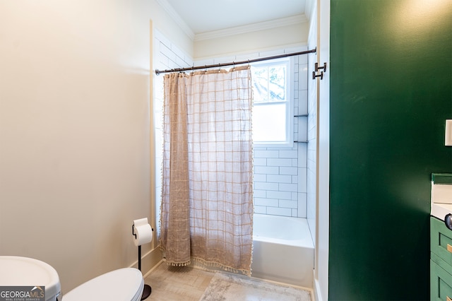 full bathroom featuring ornamental molding, shower / bathtub combination with curtain, toilet, and vanity