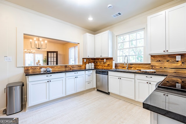 kitchen featuring sink, stainless steel dishwasher, white cabinetry, a notable chandelier, and decorative backsplash