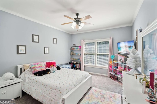 carpeted bedroom with ceiling fan and crown molding