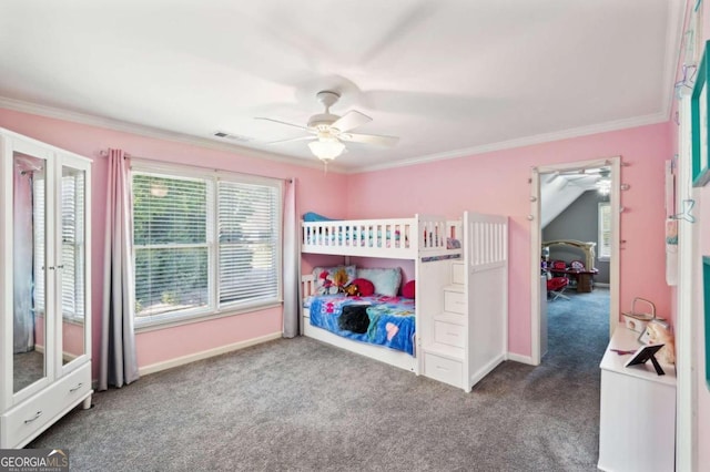 bedroom featuring crown molding, carpet flooring, and ceiling fan