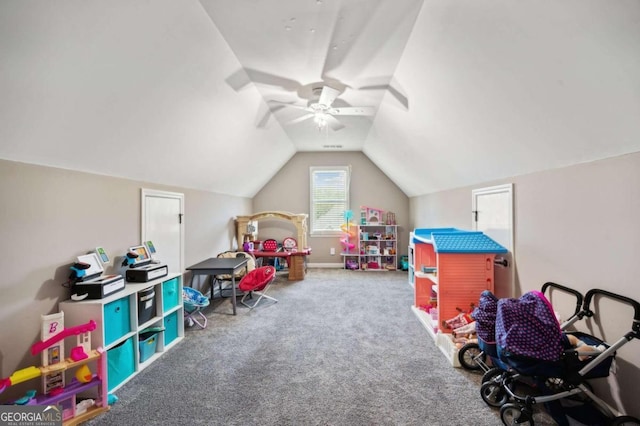 rec room featuring lofted ceiling, ceiling fan, and carpet floors