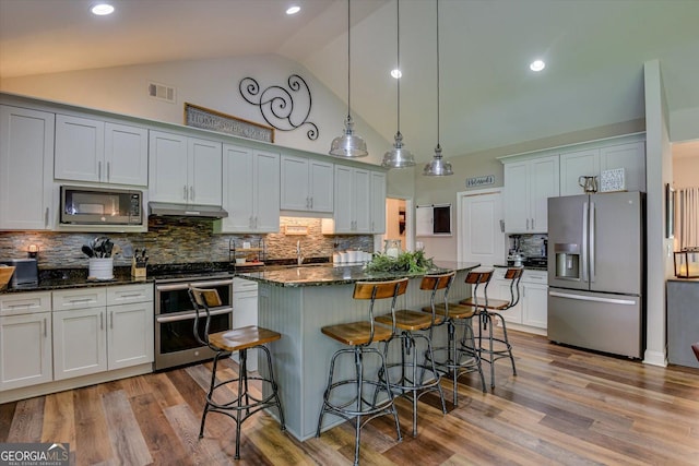 1370 Deerwood Cir, Stapleton, GA 30823 - kitchen with stainless steel appliances, under cabinet range hood, high vaulted ceiling, a kitchen breakfast bar, and a kitchen island