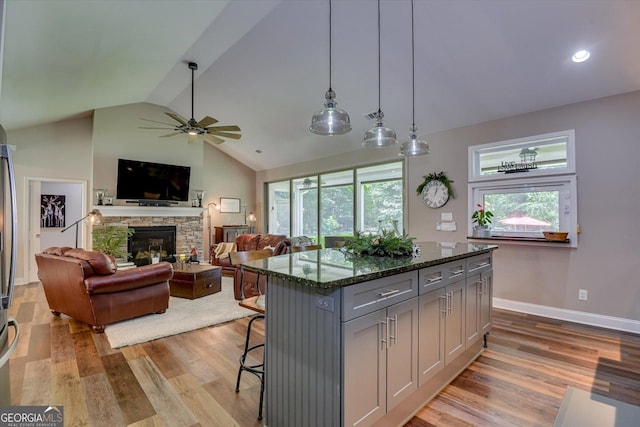 1370 Deerwood Cir, Stapleton, GA 30823 - kitchen featuring gray cabinets, light wood finished floors, a ceiling fan, dark stone countertops, and vaulted ceiling