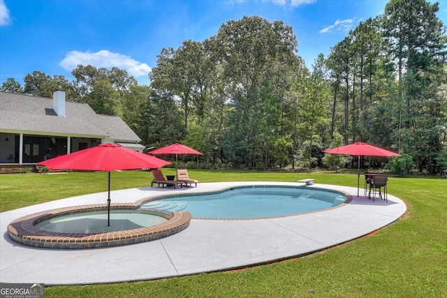 1370 Deerwood Cir, Stapleton, GA 30823 - view of swimming pool with a yard, a sunroom, a pool with connected hot tub, a patio, and a diving board
