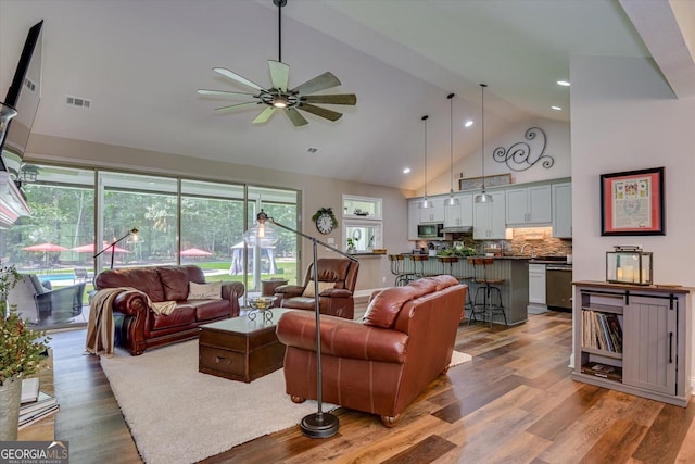 1370 Deerwood Cir, Stapleton, GA 30823 - living area with a ceiling fan, light wood-style flooring, high vaulted ceiling, and recessed lighting