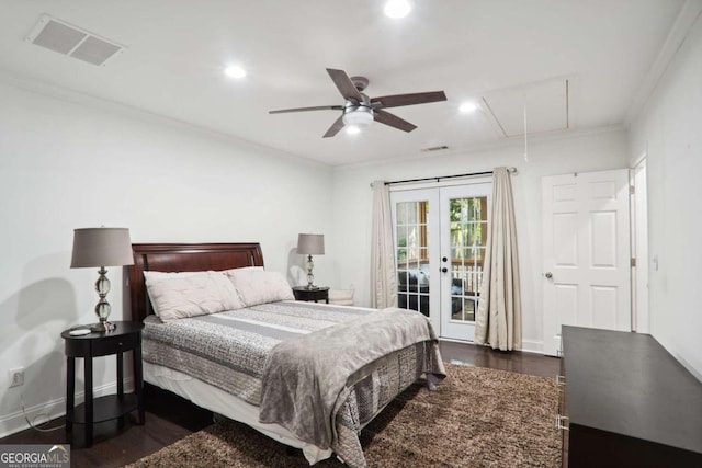 bedroom with crown molding, ceiling fan, french doors, access to outside, and dark hardwood / wood-style floors