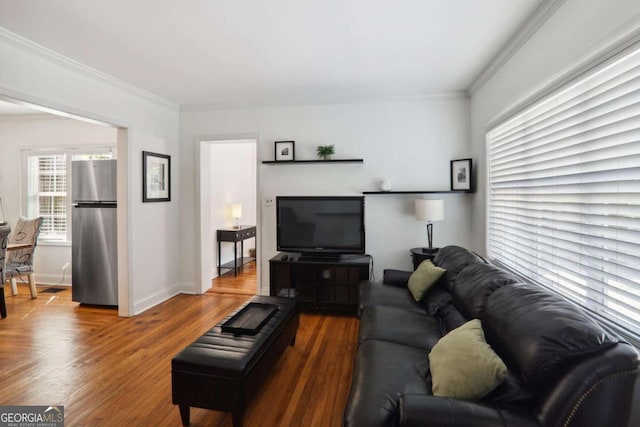 living room featuring hardwood / wood-style floors and crown molding