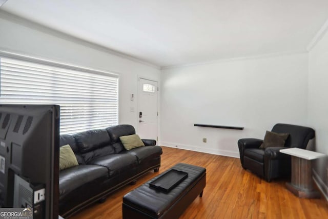 living room with crown molding and hardwood / wood-style floors