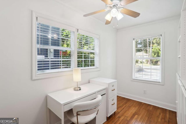 home office with ceiling fan, dark hardwood / wood-style floors, and crown molding