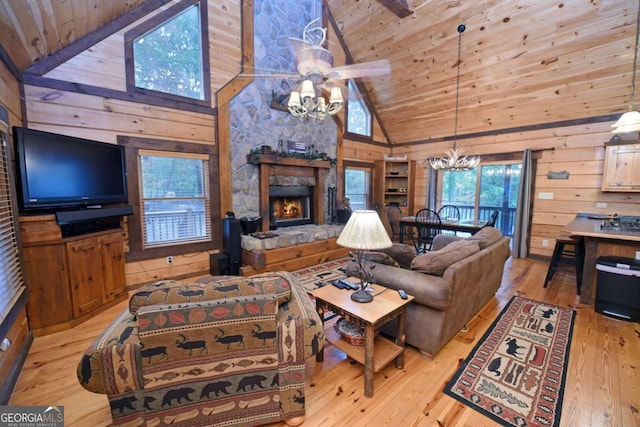 living room with light hardwood / wood-style flooring, wood walls, wooden ceiling, and a fireplace