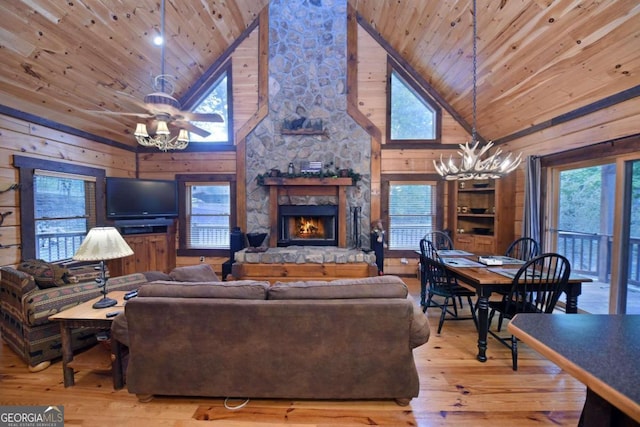 living room featuring high vaulted ceiling, wood walls, a fireplace, and hardwood / wood-style floors