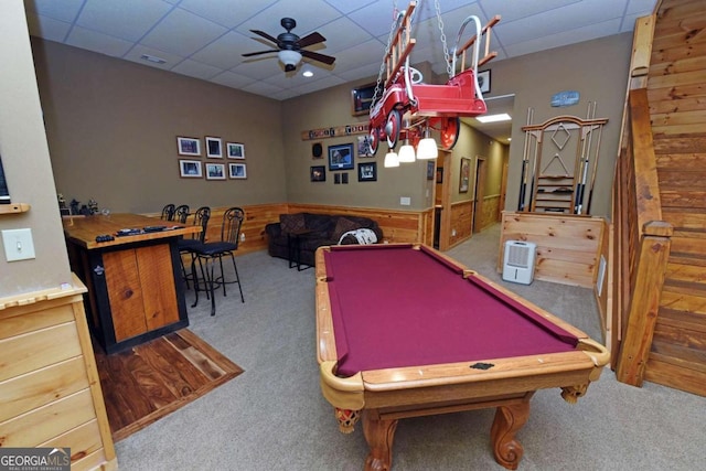 playroom featuring carpet, ceiling fan, billiards, and a paneled ceiling