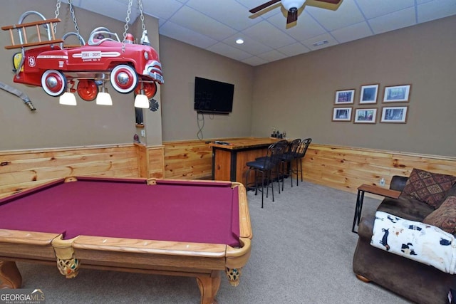 playroom with a paneled ceiling, carpet flooring, ceiling fan, and billiards