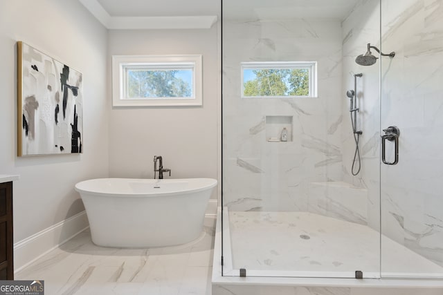 bathroom with independent shower and bath and vanity