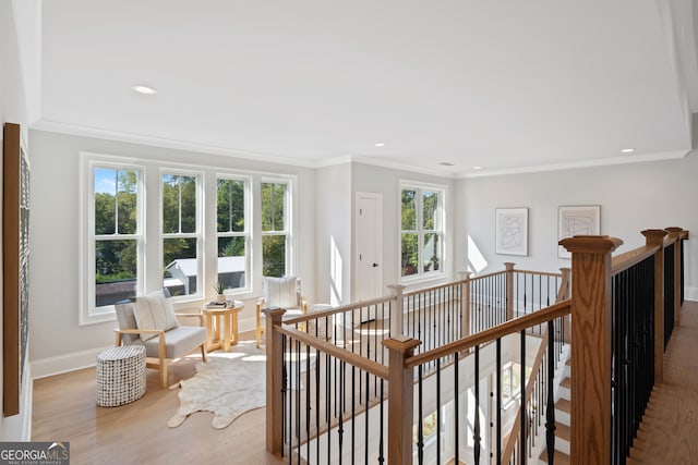 hallway featuring crown molding, light hardwood / wood-style floors, and plenty of natural light