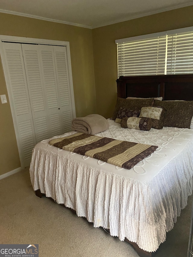 bedroom featuring carpet floors, a closet, and ornamental molding