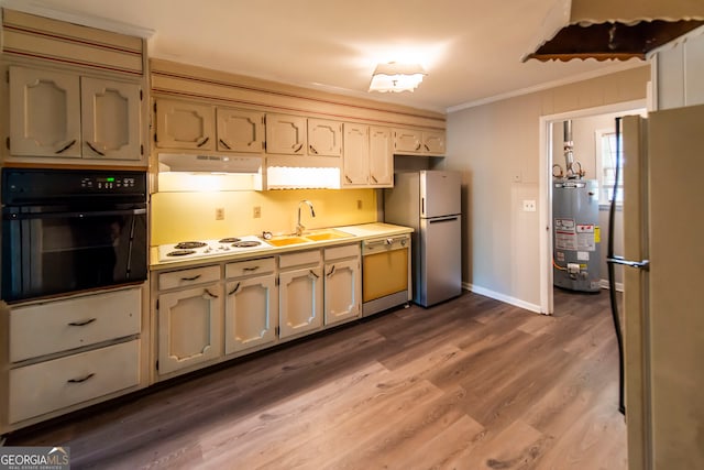 kitchen with sink, gas water heater, crown molding, white appliances, and light wood-type flooring