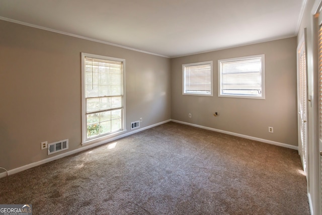 carpeted empty room featuring a healthy amount of sunlight and crown molding