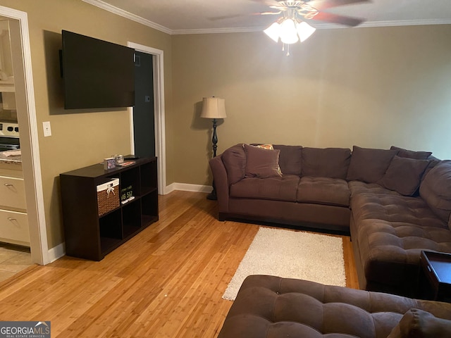 living room featuring ceiling fan, light hardwood / wood-style floors, and crown molding