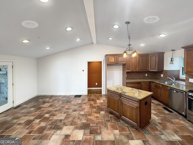 kitchen with pendant lighting, backsplash, stainless steel appliances, lofted ceiling with beams, and light stone countertops