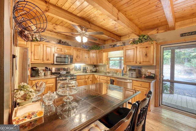 kitchen with light hardwood / wood-style flooring, stainless steel appliances, beamed ceiling, and wood ceiling