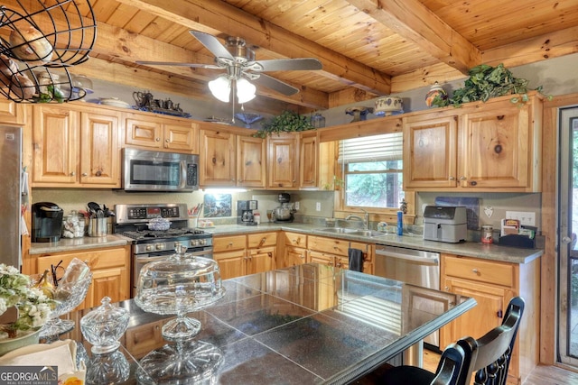 kitchen with beam ceiling, appliances with stainless steel finishes, wooden ceiling, and sink