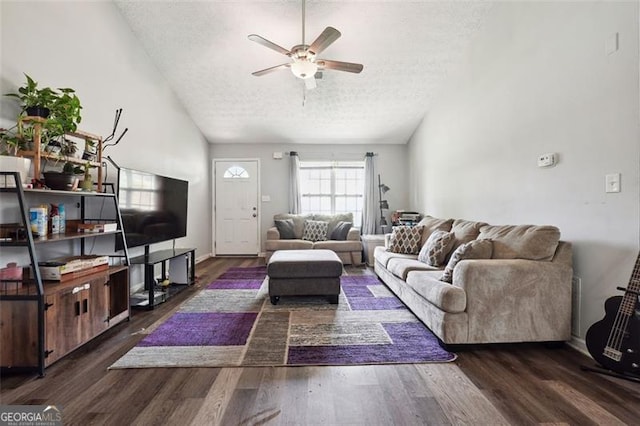 living room featuring a textured ceiling, dark wood-type flooring, and lofted ceiling