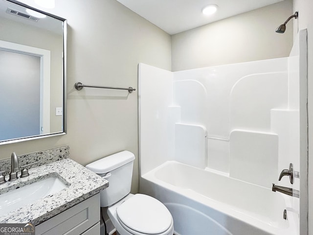 full bathroom with toilet, shower / bathing tub combination, vanity, and visible vents