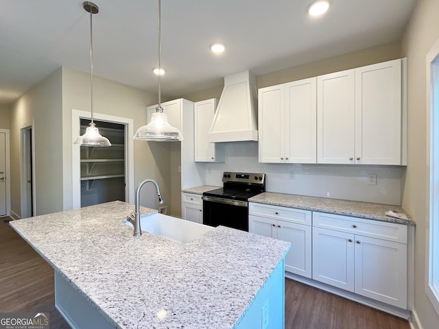 kitchen with stainless steel electric range oven, a sink, dark wood finished floors, and custom range hood