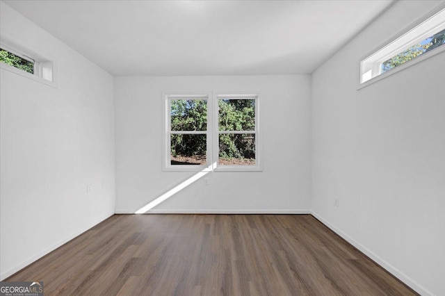 spare room featuring a healthy amount of sunlight and dark hardwood / wood-style flooring