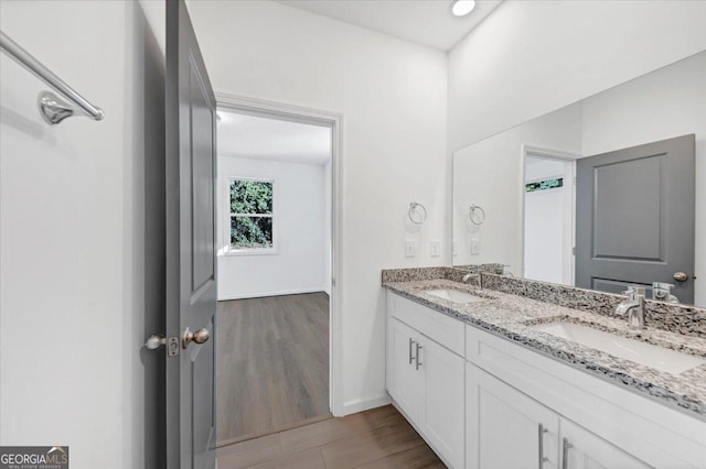 bathroom with vanity and wood-type flooring