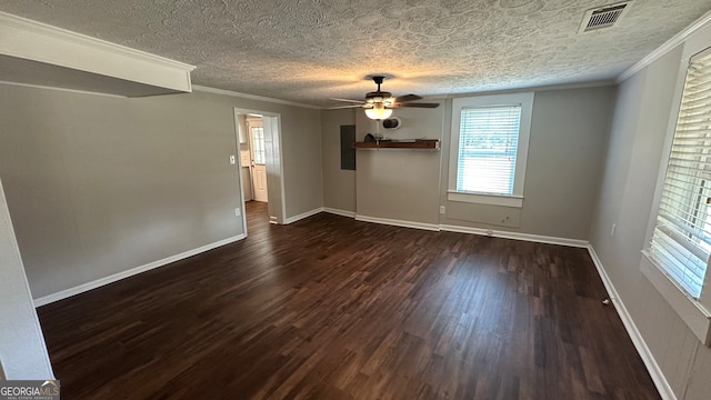 unfurnished room with a textured ceiling, ornamental molding, dark hardwood / wood-style flooring, and ceiling fan