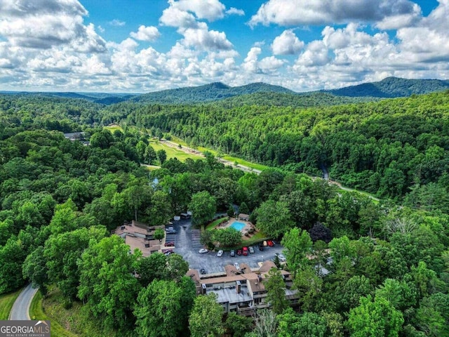 birds eye view of property with a wooded view and a mountain view