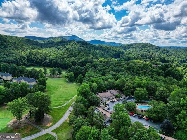 birds eye view of property with a mountain view and a view of trees