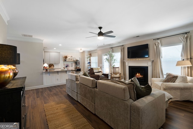 living room featuring ornamental molding, ceiling fan, and dark wood-type flooring