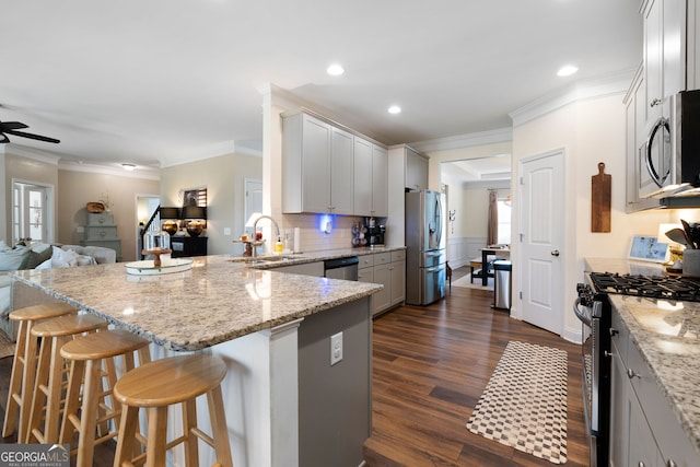 kitchen featuring ceiling fan, sink, appliances with stainless steel finishes, a kitchen breakfast bar, and dark hardwood / wood-style flooring