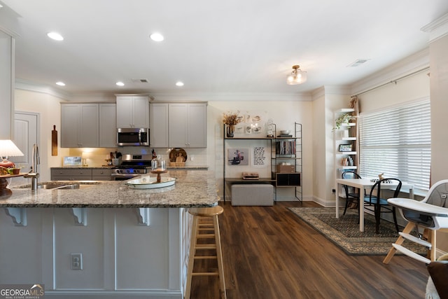 kitchen with sink, appliances with stainless steel finishes, dark hardwood / wood-style floors, light stone countertops, and crown molding