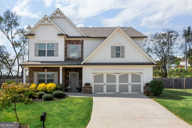 craftsman-style house featuring a front lawn, a porch, and a garage