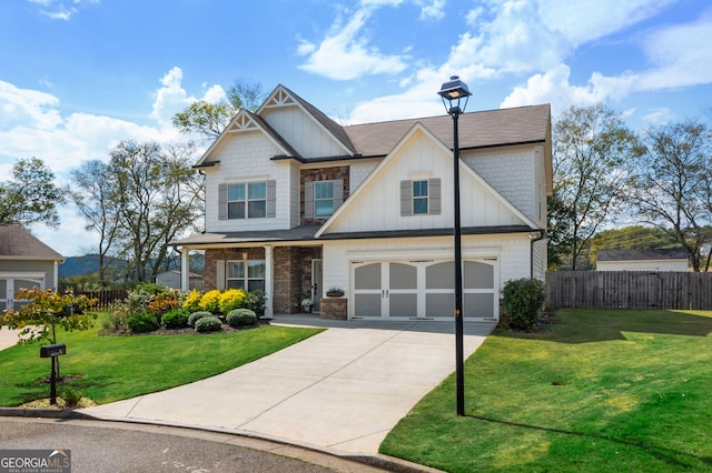 craftsman-style home featuring a front lawn and a garage