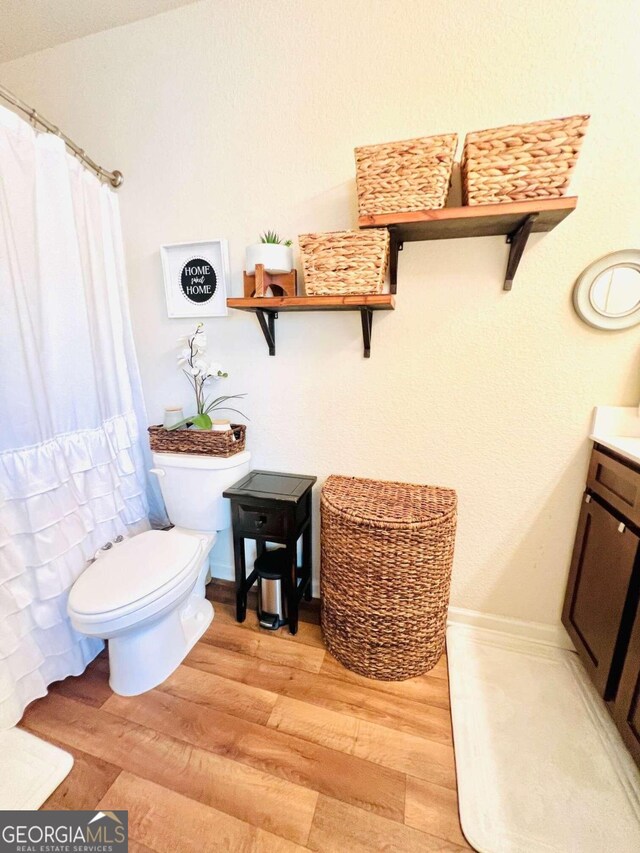 bathroom featuring wood-type flooring, vanity, and toilet