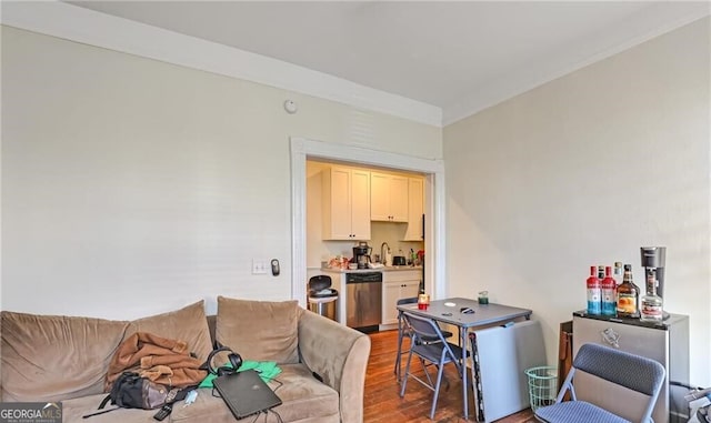 living room featuring hardwood / wood-style flooring and sink