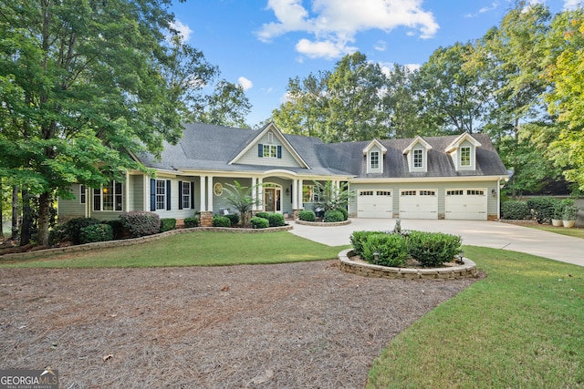 cape cod home featuring a front yard and a garage