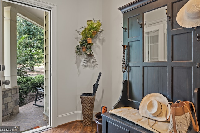 mudroom with dark hardwood / wood-style flooring